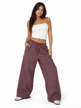 Zara ($100) Embroidered Floral Wide Leg Drawstring Pants Brown Boho Cottagecore